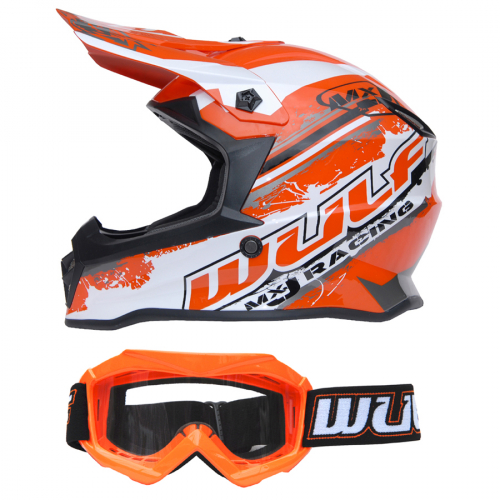 Wulf Kinder Cross Brille + Helm Off Road Pro XL (53-54cm) orange Motorrad Quad Bike Enduro MX BMX