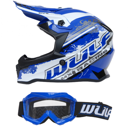 Wulf Kinder Cross Brille + Helm Off Road Pro M (49-50cm) blau Motorrad Quad Bike Enduro MX BMX Helm